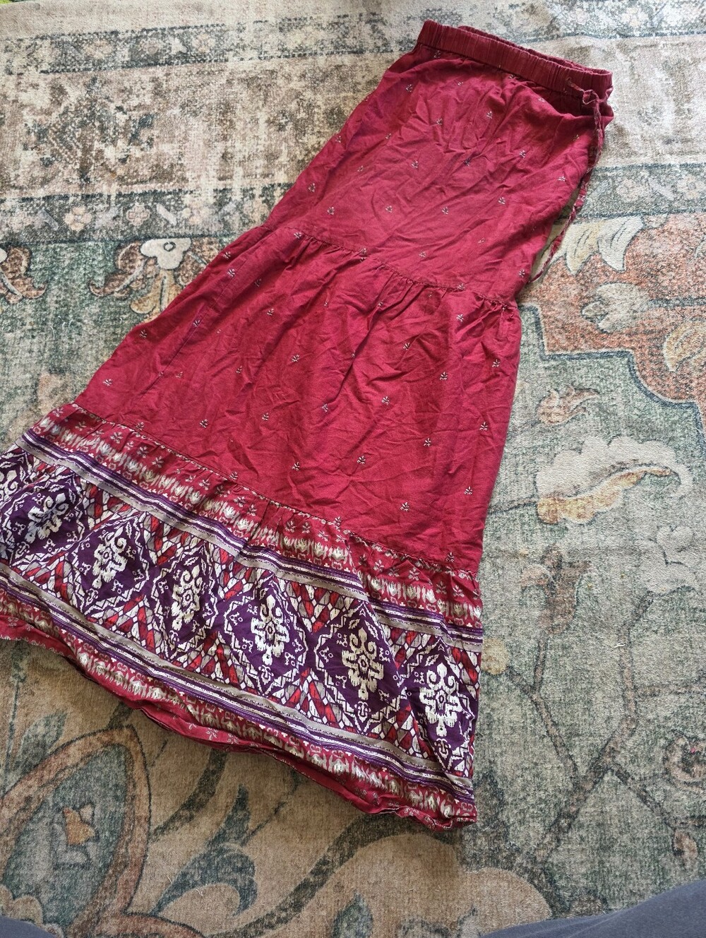 Bohemian Red Maxi Skirt with Patterned Hem